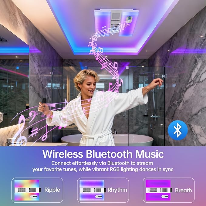 Bathroom Exhaust Fan with Heater, Light, Bluetooth Speaker and Odor & Humidity Sensors, 230 CFM Quiet Ceiling Fan with 3 Dynamic RGB Lighting, 3CCT - Remote App Control - Works with Alexa - Image 4