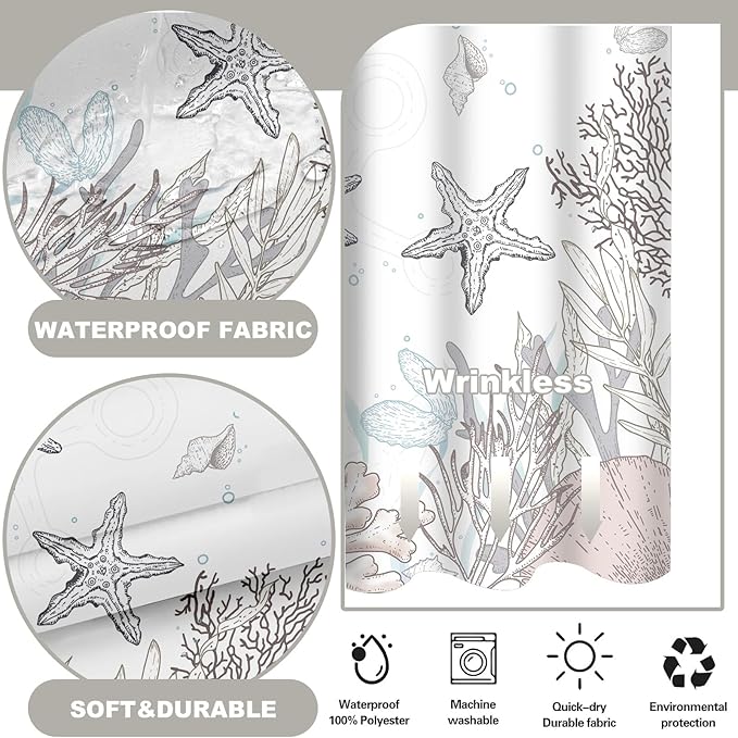 Extra Long No Hook Shower Curtain with Snap in Liner, Beach Ocean Nautical Coastal Shower Curtains and Liner Set for Bathroom, Seashell Fabric Bath Curtain, Waterproof Washable, Brown 71"x84" - Image 3