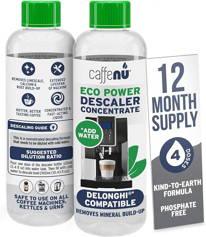 Delonghi Compatible Descaling Solution. 2 Bottles of Descaler Solution. Descaling Kit Removes Limescale For Hotter Coffee. 4 Uses Descaler For Delonghi Coffee Machines. by Caffenu