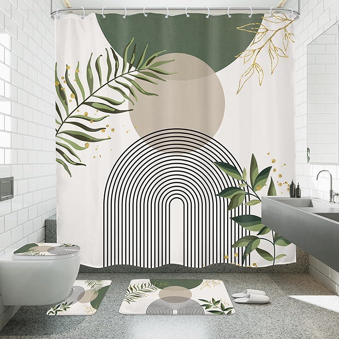 4 PCS Green Boho 72Wx72H Shower Curtain Set Abstract Gold Grey Modern Minimalist Bath Rug Toilet Lid Cover Nonslip U Shape Mat Quick Dry Rubber Backed Dirt Resistant Accessories Bathroom Decor by MitpokBrand