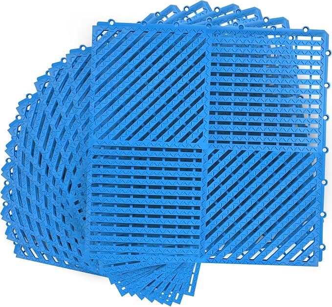 MYFAMIREA Modular Interlocking Cushion 12 Pack 11.8" x 11.8" Rubber Floor Tiles Non-Slip Splicing Drainage Mats for Deck, Pool, Shower, Patio, Balcony, Bathroom, Kitchen, Yard (Diagonal, Blue) by MYFAMIREA