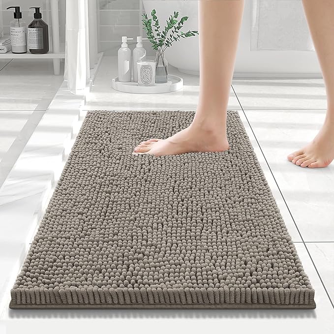 Smiry Luxury Chenille Bathroom Rugs 24x16, Extra Soft and Absorbent Shaggy Bath Mat, Machine Washable, Non-Slip Plush Carpet Runner for Tub, Shower, and Floor, Home Decor Accessories, Latte by Smiry