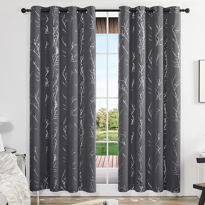 Deconovo Grey Blackout Curtains, Thermal Insulated Soundproof Drapes, Silver Branch Foil Print, 52 x 84 Inch, 2 Panels, Machine‑Washable Privacy Window Panel for Living Room Bedroom Nursery Office - Image 2