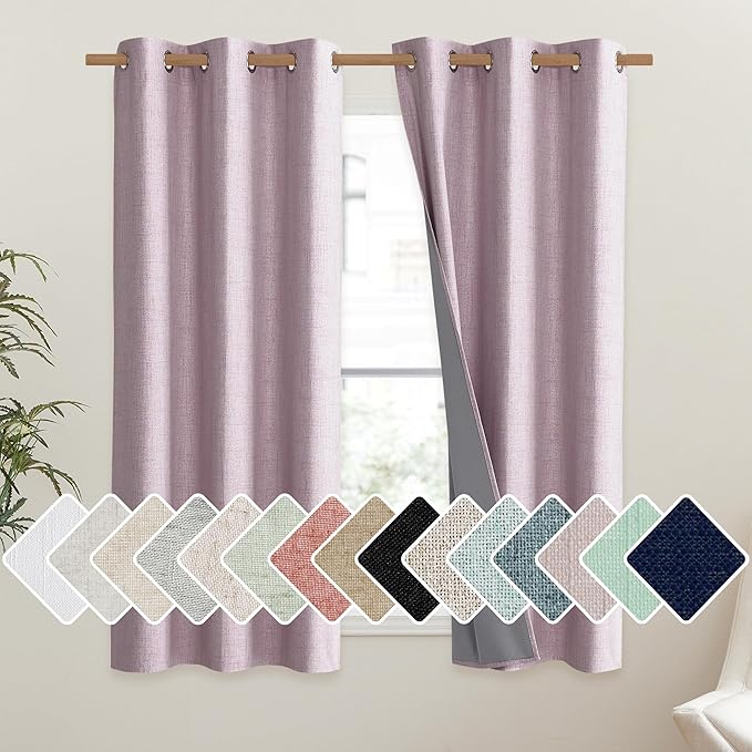 NICETOWN Pink Vintage Linen 100% Blackout Curtains for Dining Room, Thermal Insulated Curtains 45" Long, Noise Reducing Window Treatment Drapes for Kitchen, 42" Wide Per Panel, Set of 2 by NICETOWN