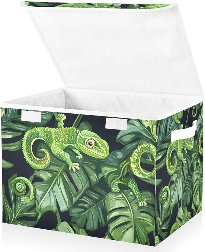 xigua Green Chameleons Storage Bins with Lids and Carrying Handle,Foldable Storage Boxes Organizer Containers Baskets Cube with Cover for Home Bedroom Closet Office Nursery - Image 2