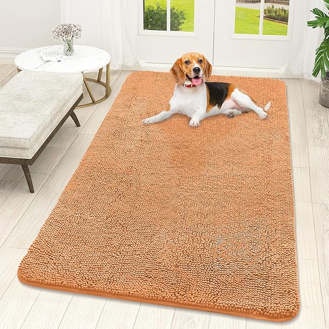 OLANLY Dog Door Mat for Muddy Paws 59x32, Absorbs Moisture and Dirt, Absorbent Non-Slip Washable Doormat, Quick Dry Chenille Mud Mat for Dogs, Entry Indoor Entryway Carpet for Inside Floor, Orange by OLANLY