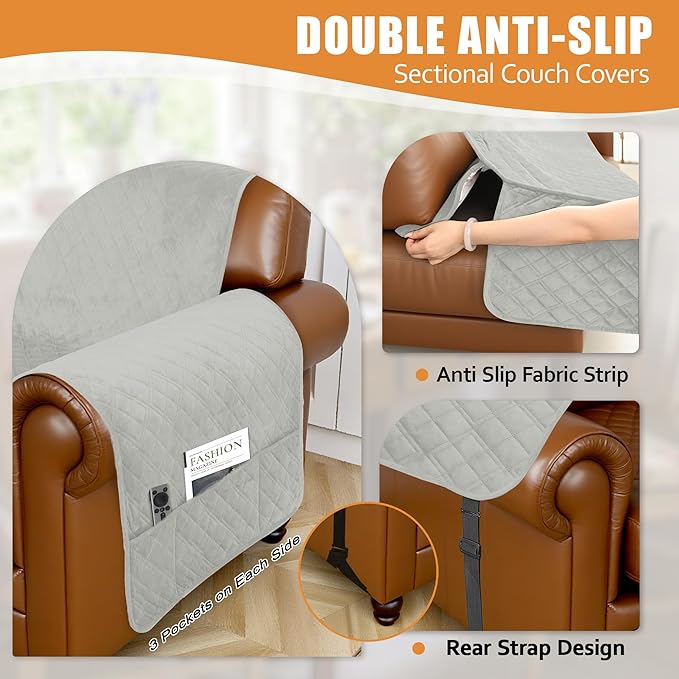 Arfntevss Waterproof Sectional Couch Covers L Shape Washable Velvet Sofa Cover for Sectional Non Slip Large Corner Slipcovers Dog 6 Pcs Universal U Shaped Furniture Protector (Light Gray, Large) - Image 4