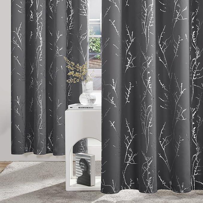 Deconovo Blackout Curtains Grey, Thermal Insulated Soundproof Drapes, Silver Branch Foil Print, 42 x 54 Inch, 2 Panels, Machine‑Washable Privacy Window Panel for Living Room Bedroom Small Windows - Image 3