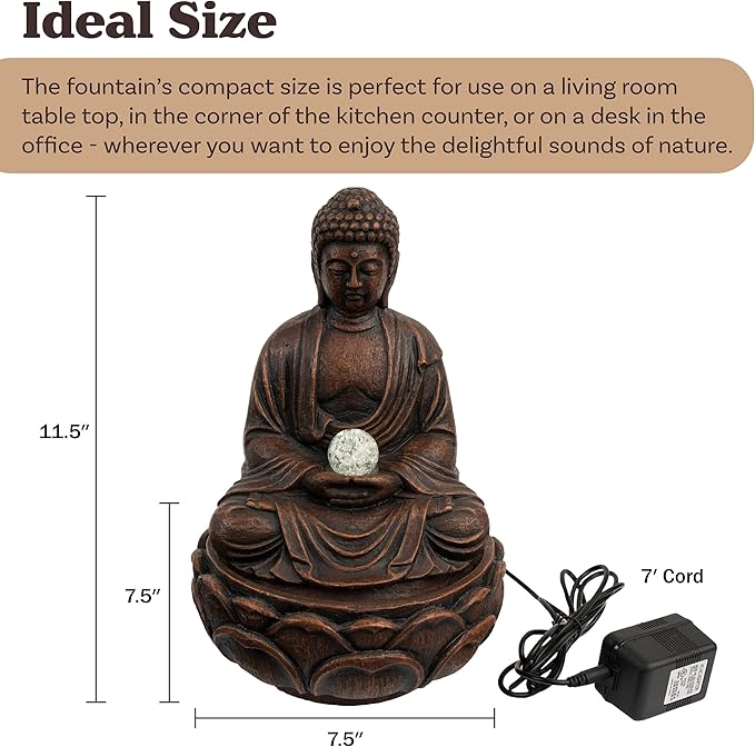 Pure Garden Indoor Tabletop Water Fountain - Sitting Buddha Statue with Rolling Glass Ball, Multi-Colored LED Lights, Electric Pump & Soothing Sounds, Durable, Natural Humidifier - Home, Office Decor - Image 3