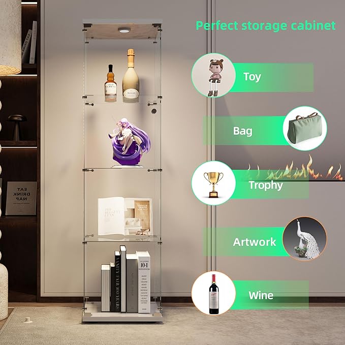 Yoluckea 4 Tiers Glass Display Cabinet with Paipai Light, 1 Door Floor Standing Curio Cabinet with Adjustable Floor Feet for Home Office Corner Display, White Glass Bookshelf for Collections and Decor - Image 3