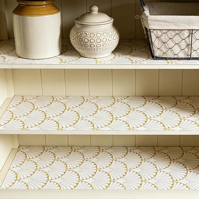 Shelf Liners Non Adhesive Gold Background White Fan-Shaped Pattern - Thickened Non-Slip Easy to Clean Drawer Liner for Kitchen Cabinets, Tool Box,Refrigerator,with Knife & Tape Measure,12in x 10FT - Image 2