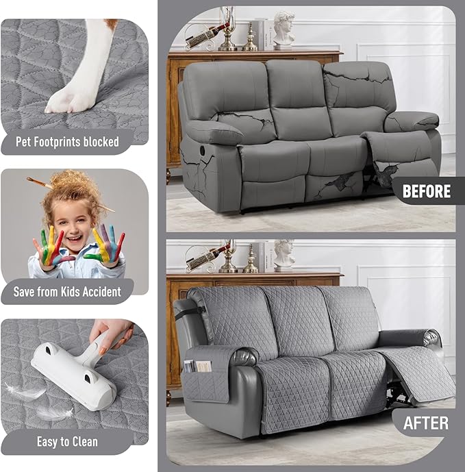 TAOCOCO 100% Waterproof Recliner Cover, Non-Slip Washable Reclining Couch Cover with Elastic Leg Straps, Furniture Protector for Dogs (Light Gray, 3 Seater) - Image 2