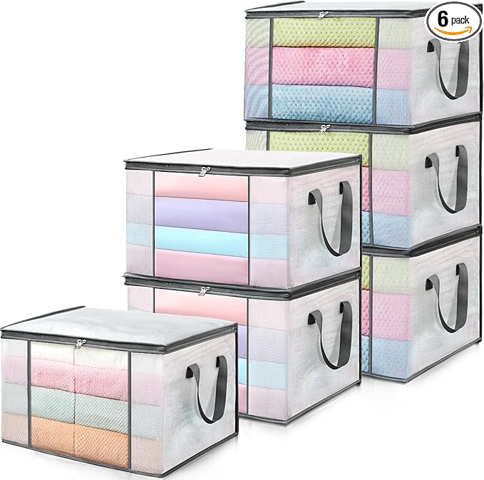 LANDNEOO 6-Pack Clothes Storage Bags, Plastic Foldable Blanket Storage bins, Closet Organizer Container for Bedroom, Bedding, Comforters, Pillows, and Clothing - 60L with Handles by MakeLifeBetterEasier