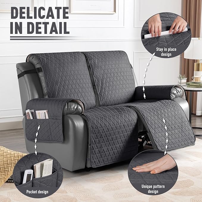 TAOCOCO 100% Waterproof Recliner Cover, Non-Slip Washable Reclining Couch Cover with Elastic Leg Straps, Furniture Protector for Dogs (Black Gray, 2 Seater) - Image 6