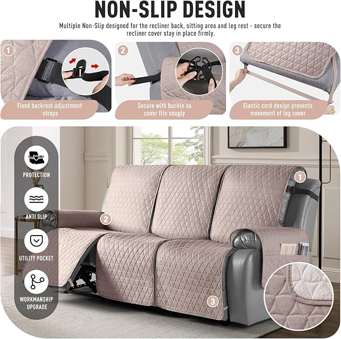 TAOCOCO 100% Waterproof Recliner Cover, Non-Slip Washable Reclining Couch Cover with Elastic Leg Straps, Furniture Protector for Dogs (Peach, 3 Seater) - Image 5