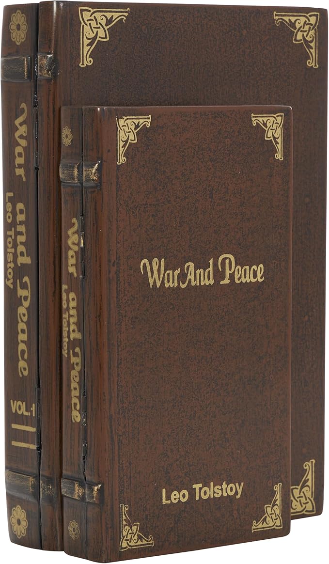 Deco 79 Wooden Decorative Box "War and Peace" Storage Faux Book Decorative Keepsake Boxes, Set of 2 Storage Boxes 11", 9"W, Brown by Deco79