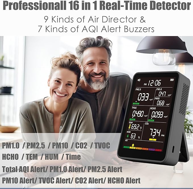 Professional Indoor Air Quality Monitor with AQI Alarms, Portable Real-Time Detector for Home Cars Plants and Pets (Charcoal Black) - Image 2