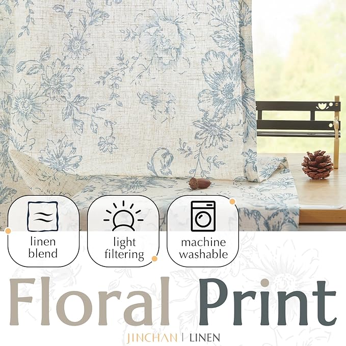 jinchan Linen Floral Curtains 96 Inch Length for Living Room Bedroom Light Filtering Farmhouse Peony Flower Drapes Rustic Window Curtain Set Rod Pocket Back Tab 2 Panels Blue - Image 4