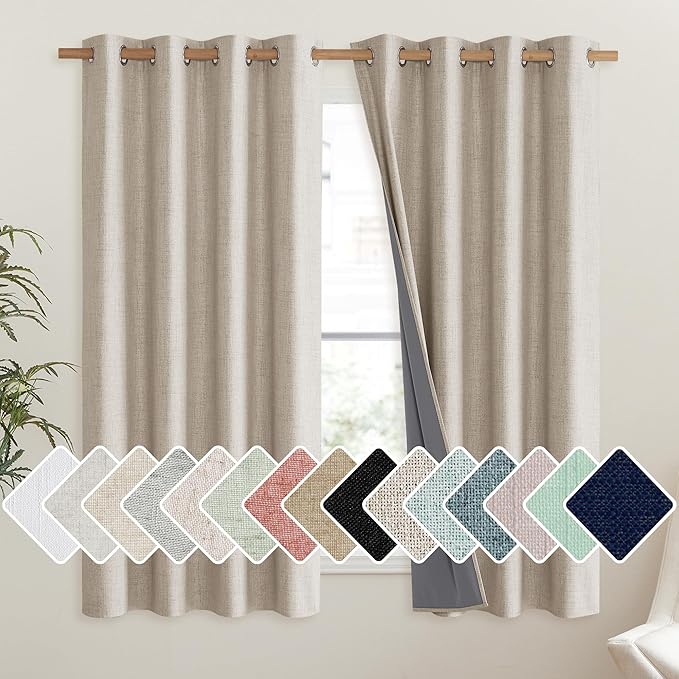 NICETOWN Oatmeal Vintage Open Linen Weave Flax Thermal Curtains, 100% Blackout Curtains 45" Long for Dining Room, Soundproof Window Treatment Drapes for Hall Room, 52" Wide Per Panel, Set of 2 by NICETOWN