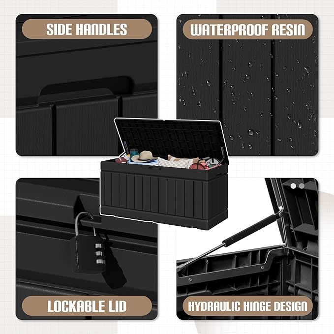 JUMMICO 78 Gallon Outdoor Deck Box Large Resin Storage Box for Patio Furniture Cushions and Garden Tools (Black) - Image 2