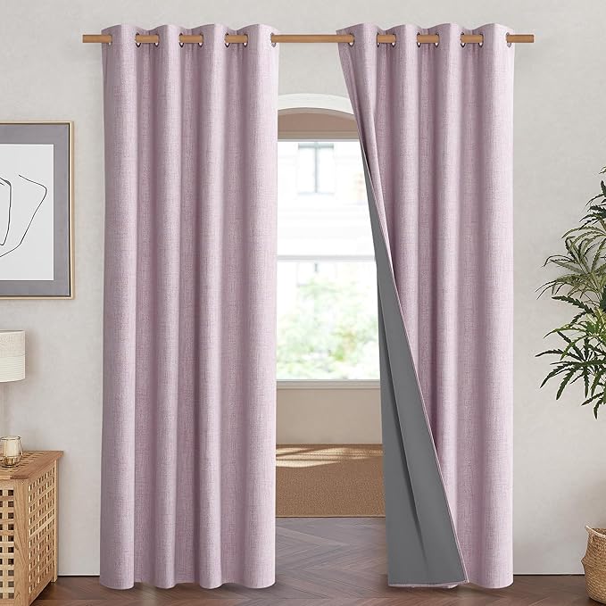 NICETOWN Pink Vintage Linen 100% Blackout Curtains for Living Room, Thermal Insulated Curtains 84“ Long, Noise Reducing Window Treatment Drapes for Hall Room, 52" Wide Per Panel, Set of 2 - Image 2