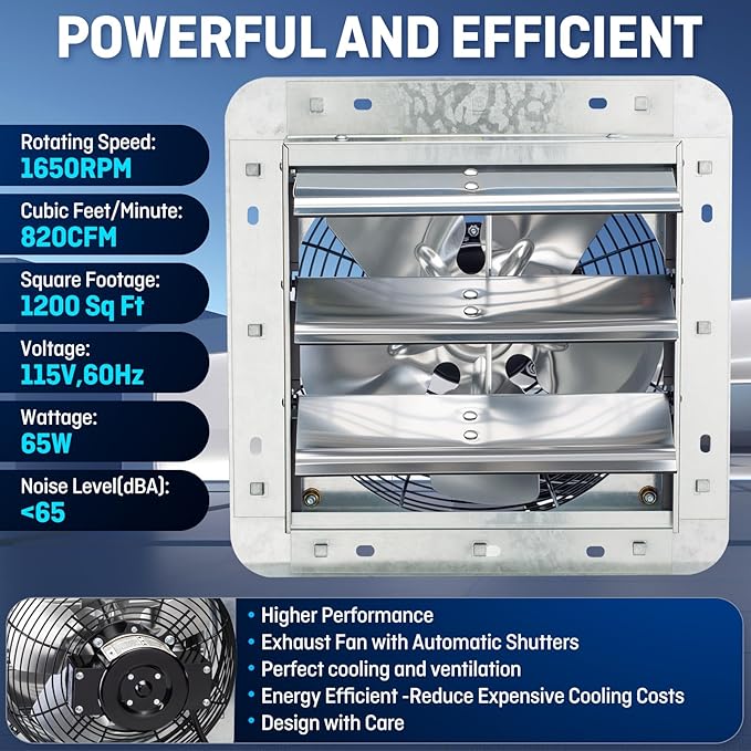 iLiving 10" Wall Mounted Shutter Exhaust Fan, Automatic Shutter, with Thermostat and Variable Speed controller, 65W, 820 CFM, 1200 SQF Coverage Area Silver (ILG8SF10V-ST) - Image 2