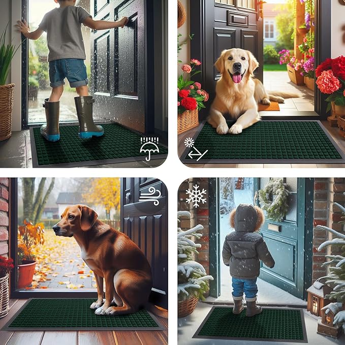 Smiry Front Door Mat Outside Entrance, Heavy Duty Natural Rubber Doormat, Non Slip Trap Dirt and Moisture Easy Clean, Low Profile Welcome Floor Mats for Indoor Outdoor Entry, 29.5x17 Inch, Black Green - Image 7