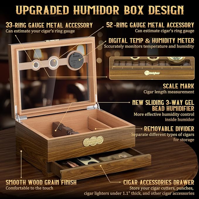 Cigar Humidor, Glass Top Desktop Cigars Case with Digital Hygrometer, Humidifier, Cigar Accessories Drawer and Measuring Scale, Cigars Humidors Box for Men Gift - Image 2
