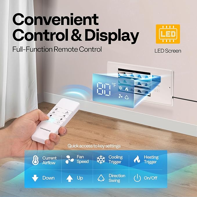 VIVOHOME 4'' x 12'' Opening Register Booster Fan with Adjustable Wind Direction Louver, Smart Intelligent Thermostat & 10-Speed Remote Control - 13.8" x 5.5" Vent Cover for Room, Floor, Wall - White - Image 6