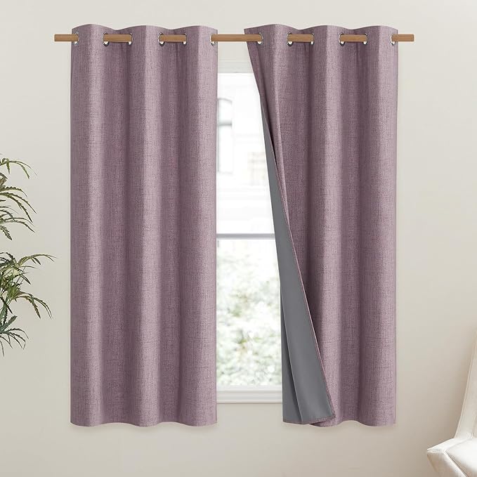 NICETOWN Chaise Mauve Vintage Linen 100% Blackout Curtains for Classroom, Thermal Insulated Curtains 63" Long, Noise Reducing Window Treatment Drapes for Gym Room, 42" Wide Per Panel, Set of 2 - Image 2