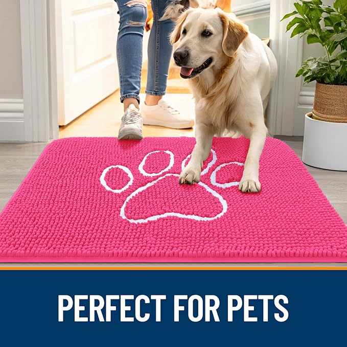 OLANLY Dog Door Mat for Muddy Paws 30x20, Paw Print Design, Absorbs Moisture and Dirt, Absorbent Non-Slip Washable Doormat, Quick Dry Chenille Mud Mat for Dogs, Entry Indoor Entryway Carpet, Hot Pink - Image 6