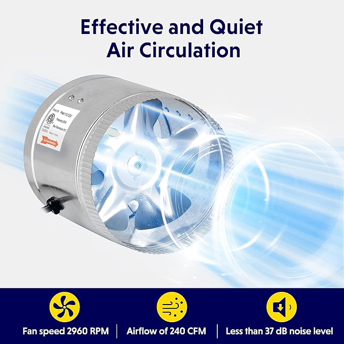 iPower 6 Inch 240 CFM Booster Fan Inline Duct Vent Blower for Intake 5.5' Grounded Power Cord and HVAC Exhaust, Low Noise, 2-Pack, Grey - Image 2