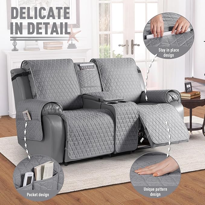TAOCOCO 100% Waterproof Loveseat Recliner Couch Sofa Covers with Console,Double Reclining Couch Cover Non-Slip Sofa Slipcovers Washable,Furniture Protector Covers for Kids,Pets(2 Seater,Light Gray) - Image 6