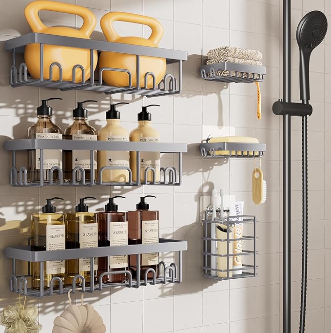 Veken 6-Pack Rustproof & Waterproof Shower Caddy, Adhesive Shelves Rack, Large Capacity Bathroom, College Dorm & Apartment Organizers, No-Drill Wall Mount Living Room & Bedroom Decor, Light Grey by Veken