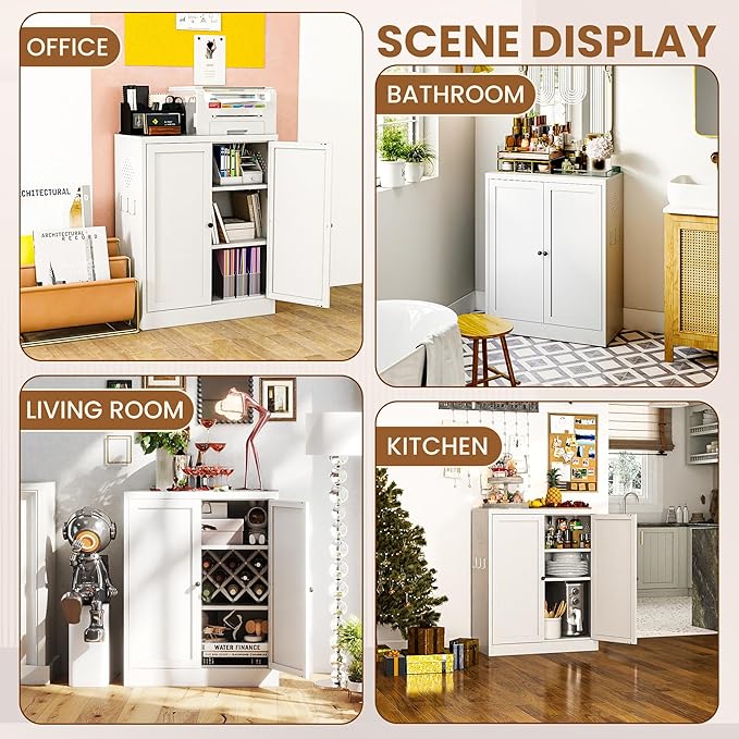 Metal Pantry Cabinet with 2 Adjustable Shelves, Small Kitchen Cupboard Storage Cabinet for Dining Room Living Room Bathroom Office(White) - Image 7
