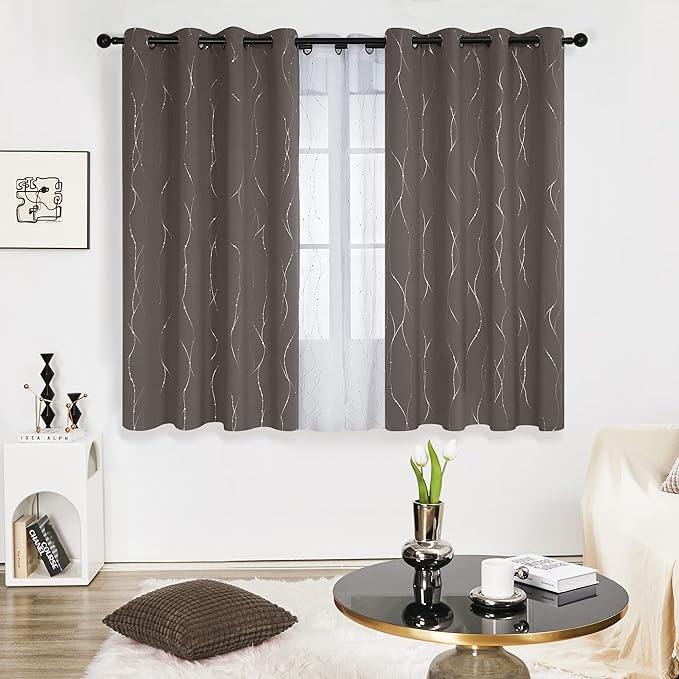 Deconovo Blackout Curtains, Thermal Insulated Soundproof Grommet Drapes, Wave Dots Silver Print, 52 x 63 Inch, Set of 2, Machine Washable Window Panel for Kitchen Bedroom Living Room Nursery, Taupe - Image 2