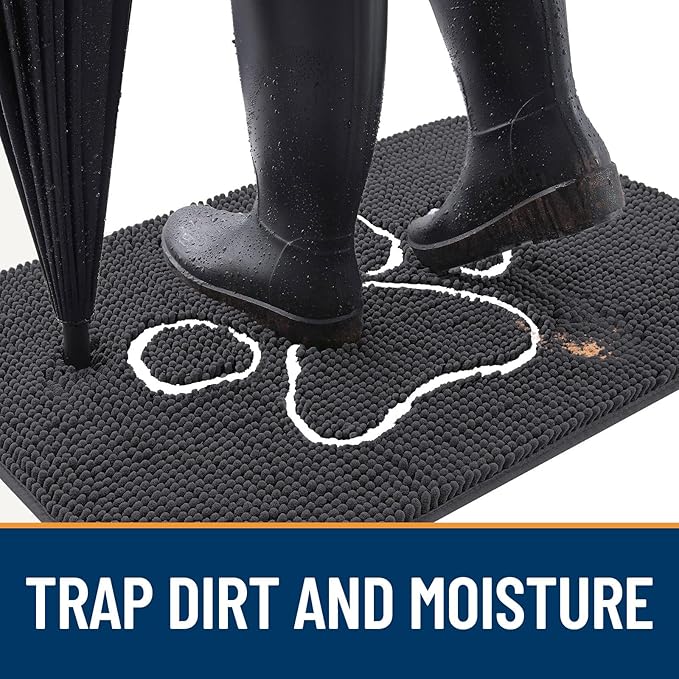 OLANLY Dog Door Mat for Muddy Paws 24x16, Paw Print Design, Absorbs Moisture and Dirt, Absorbent Non-Slip Washable Doormat, Quick Dry Chenille Mud Mat for Dogs, Entry Indoor Entryway Carpet, Dark Grey - Image 2