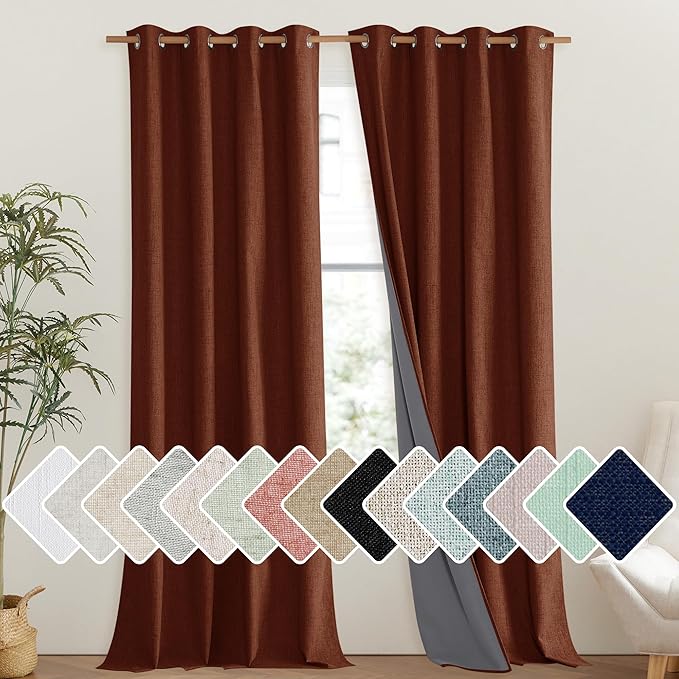 NICETOWN 100% Absolutely Blackout Linen Curtains with Thermal Insulated Liner, 52" Wide, 2 Panels, 108" Long Drapes, Grommet Retro Burnt Orange Linen Curtains Vertical Drapes Privacy for Bedroom by NICETOWN