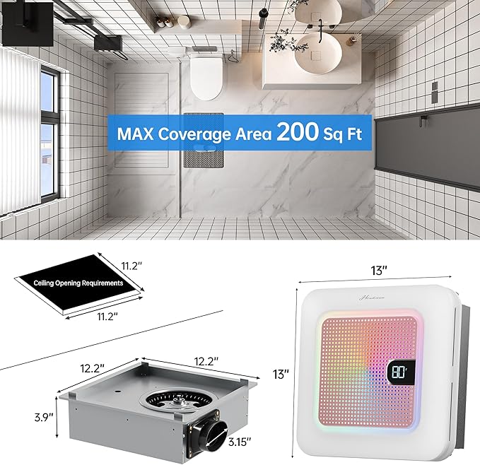 Bathroom Exhaust Fan with Bluetooth Speaker, 230 CFM 1.0 Sone Bathroom Exhaust Fan with Light, 3 Dynamic Light, 7 LED Color, 3 Color Temperatures, Nightlight,Remote, Easy Install - Image 3