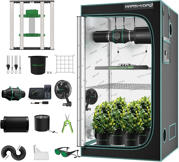 Mars Hydro 3x3 Smart Grow Tent Kit Complete System with WiFi-Integrated Controller 43,FC-E3000 APP Control Dimmable 1184Pcs Grow Light,1680D High Reflective Mylar,4inch Automatic Ventilation System by MARSHYDRO