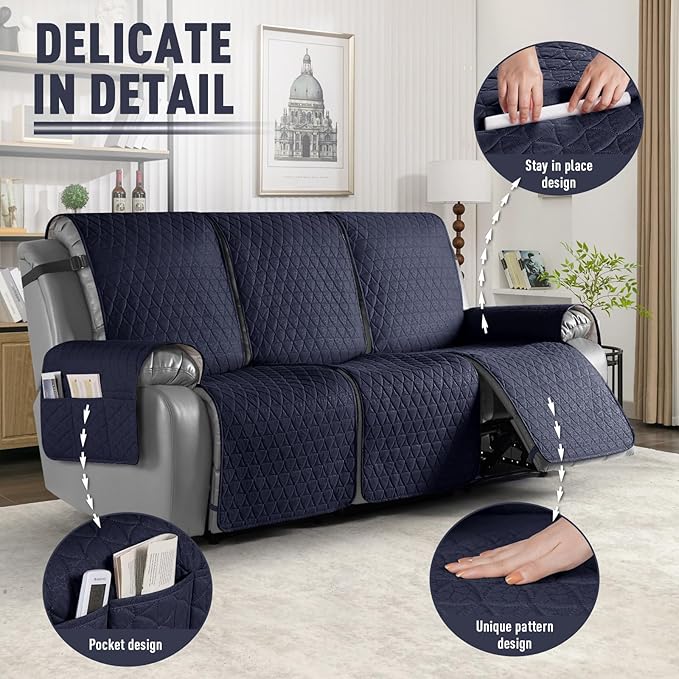 TAOCOCO 100% Waterproof Recliner Cover, Non-Slip Washable Reclining Couch Cover with Elastic Leg Straps, Furniture Protector for Dogs (Dark Blue, 3 Seater) - Image 6