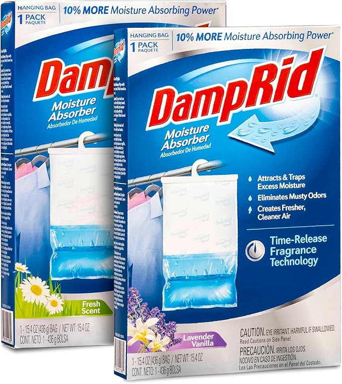 Damp Rid Hanging Bag Moisture Absorber – Fresh Scent Lavender Vanilla Humidity Absorber for Closets, Closet Deodorizer & Odor Absorber, 15.4 oz Hanging Bags 2 Pack– ILIOS Packaging by Ilios