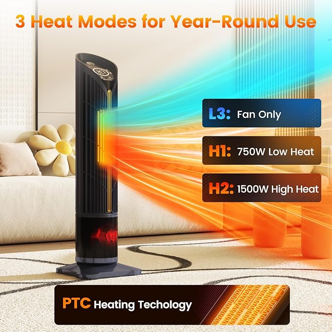 Auertech 28" Space Heater with Humidifier & LED Lights, 3 in 1 Electric Space Heater with 3D Flame, Oscillating Room Heaters with Eco Mode, 12H Timer, Space Heaters for Indoor Use Large Room, Bedroom - Image 5
