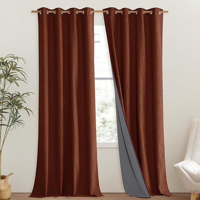 NICETOWN 100% Absolutely Blackout Linen Curtains with Thermal Insulated Liner, 52" Wide, 2 Panels, 120" Long Drapes, Grommet Retro Burnt Orange Linen Curtains Vertical Drapes Privacy for Bedroom - Image 2