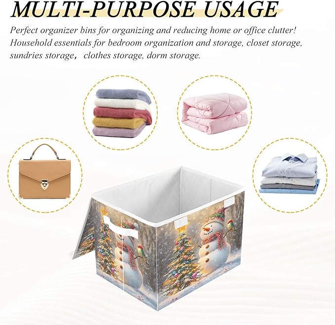 xigua Whimsical Snowman Storage Bins with Lids and Carrying Handle,Foldable Storage Boxes Organizer Containers Baskets Cube with Cover for Home Bedroom Closet Office Nursery - Image 7