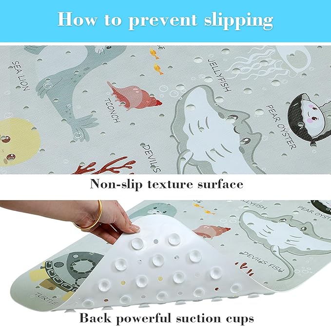 Bath Mat for Tub Non Slip, Machine Washable Anti-Slip Cartoon Baby Bathtub Shower Mat with Drain Holes and Suction Cups for Toddler & Kids, 40 Inch x 16 Inch, Greige Sea Animals - Image 3