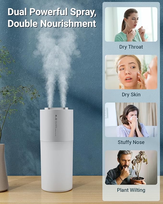 Dual-spray 400ml Mini Humidifier for Desk - Portable Rechargeable Personal Desktop Humidifiers for Office Car Travel Plants Bedroom Baby, Auto Shut-Off, 2 Mist Modes, Super Quiet, White - Image 7