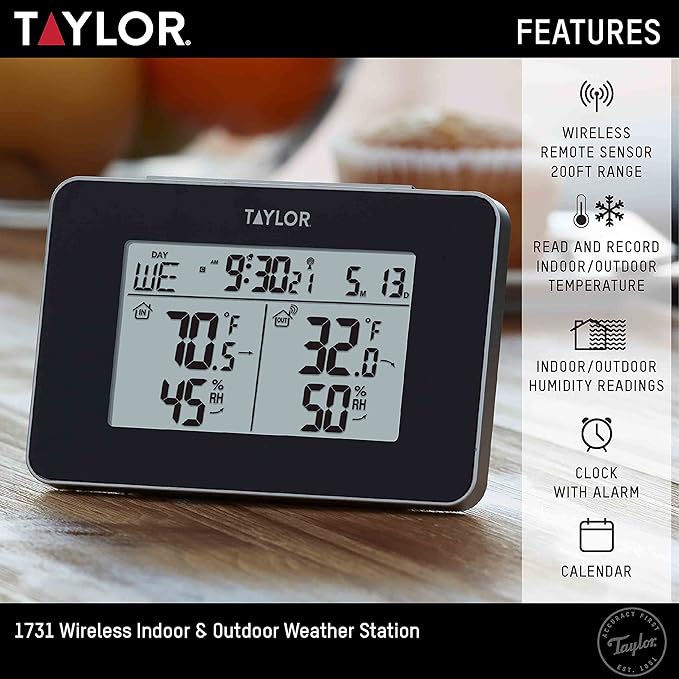Taylor Wireless Digital Indoor Outdoor Thermometer and Hygrometer, Weather Station, Battery Powered, Alarm, Easy-to-Read Display for Home, Office, Greenhouse, Nursery, and Indoor Areas, Black - Image 2