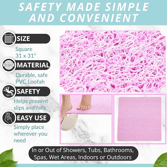 ENKOSI Soft Loofah Mat - Extra Large Square Shower Mat - Non Slip Bathroom Bath Shower Mat - Pink Mix (31x31 inches) - Image 4