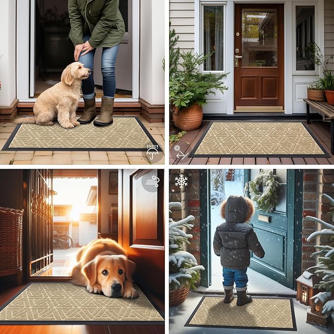 Smiry Front Door Mat Outside Entrance, Heavy Duty Sturdy Natural Rubber Doormat, Trap Dirt and Moisture, Easy Clean Low Profile Mats for Indoor Outdoor Entry, Grid Geometric (71x23, Beige) - Image 7